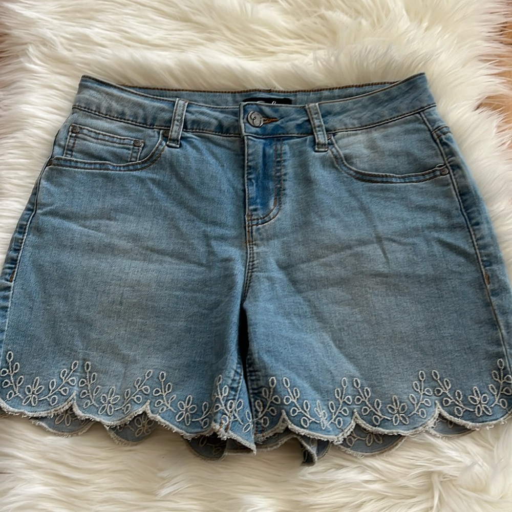 Earl Jeans Blue Jean Shorts with White Embroidery